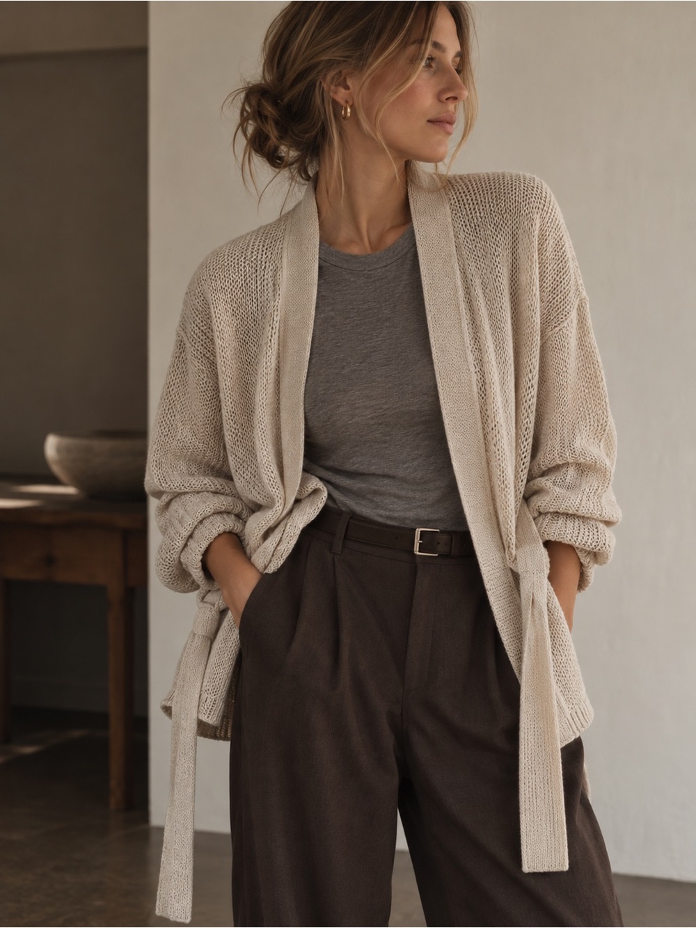 Banana Republic 100% Linen Open Knit Tie Cardigan